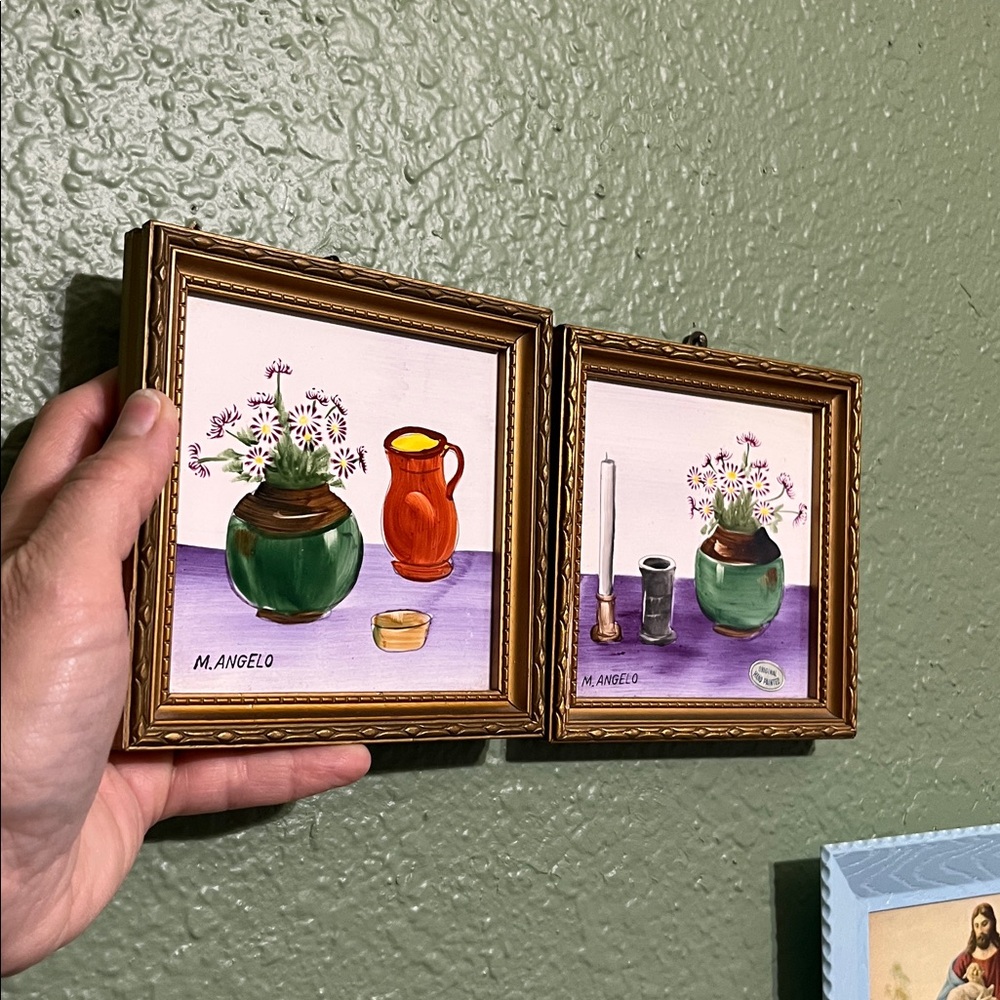 Vintage M Angelo Hand Painted Framed Tile Set Of 2 Japan